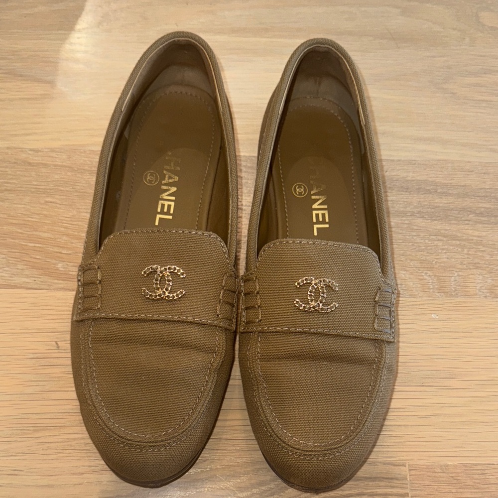 CHANEL Tan Canvas Loafers
